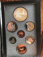 Photo of the 7 proof coins in the black leather-bound display case with foam insert.