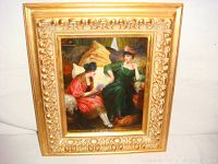 Full frontal view of the painting and ornate gold frame depicting two women seated indoors.