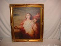 Full view of framed oil painting of woman holding flowers