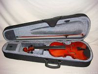 Violin and bow fitted inside hard-shell case interior