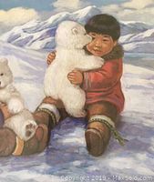 Close-up of the print showing two children in winter clothing holding teddy bears in a snowy landscape with mountains in the background.