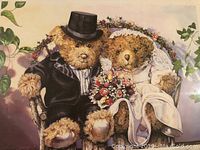 Front view of limited edition art print showing two teddy bears dressed as bride and groom on a bench.