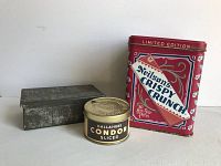 Photo showing all three tins together: Gallaher tobacco tin, old metal box, and Neilson Crispy Crunch tin