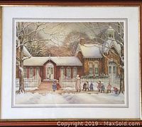 Full frontal photo of a framed winter print by Trish Romance showing children walking in front of a brick building with a white picket fence in the snow.