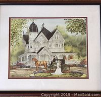 Full view of the framed print showing the Victorian house, horse-drawn carriage, and bride and groom.