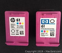 Front view of two HP 61 Tri-Color ink cartridges showing model and color info on purple label.