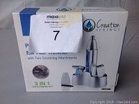 Box of Creation Springs personal nose and ear hair trimmer, showing front with product image and branding