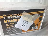 Box of Chicago Electric Power Tools heater unit for 93231 blower, front side view with label 57.
