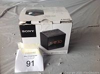 Photo of Sony ICF-C1 clock radio original retail box showing product image and branding.
