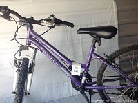 Full side view of the purple Roadmaster mountain bike showing frame, tires, seat, and handlebars.