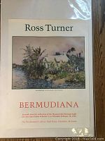 Close-up of Ross Turner 'Bermudiana' print titled 'Fairylands, Bermuda' with visible text about exhibition in 1988 at The Windjammer Gallery, Hamilton, Bermuda.