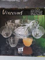 Box packaging showing the Viscount brand and 27-piece punch set with glasses, punch bowl, and ladle photographed with filled glass cups