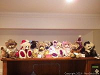 Shelf display of nine assorted teddy bears