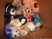 Group of five artist teddy bears in varied colors and accessories inside a box