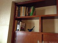 Books arranged on wooden shelves including dictionary, thesaurus, biographies, and a blue bird figurine