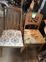 Two wood dining chairs side by side showing different back designs and upholstery patterns