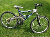 Full side view of the bike on grass showing frame, wheels and suspension