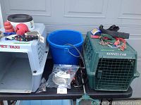 Two plastic pet carriers, one white Petmate Pet Taxi and one green Kennel Cab, with a blue water bowl, grooming supplies, collars, leashes, toys, and a large electric water pail on a black table.