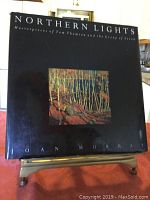 Hardcover art book titled 'Northern Lights' displayed upright on a metal stand with a red cloth underneath. The book cover shows a reproduction of a Group of Seven painting featuring birch trees and rocks.