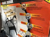 Photo of product box showing Black & Decker Workmate 225 Portable Project Center and Vise with features including adjustable swivel pegs, adjustable rear jaws, heavy gauge steel construction, and support for up to 450 lbs.