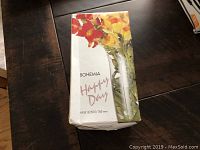 Box of Bohemia Happy Day glass vase showing product name and size 185mm on the front.