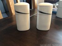 Two black and white Mikasa Caviar ceramic salt and pepper shakers with silver swirl on a dark surface.