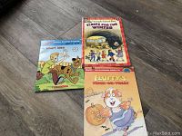 Photo of three soft cover children's books laid on a wooden floor surface.