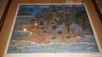 Full view of the colorful signed print showing African animals in natural landscape with water and vegetation.