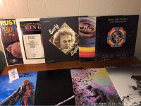 Wide photo showing 7 vinyl records arranged side by side on a wooden shelf against a light-colored wall. Visible album covers include Electric Light Orchestra, Early Light, John Kiley, and Rusty Bowers.