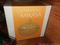 Mikasa Celebrations clear glass covered candy dish with honeycomb pattern in original box