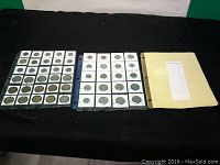 Two pages of Nicaraguan coins in 2x2 sleeves with handwritten annotations and a folder with a list.