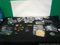 Wide shot showing the collection of badges and patches laid out on black cloth, including embroidered and metal badges.