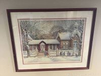 Full view of framed winter scene print by Trisha Romance showing house, snow, children, and trees