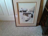 Full view of framed watercolour painting of Marchmont Mill with snow, signed Ken Hanson, showing the frame and tag.