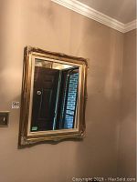 Full view of ornate mirror mounted on wall showing front and sides of the decorative gold frame.
