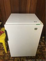 Frontal view of white Woods mini freezer with black handle, standing against wood panel wall.