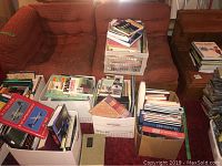 Six boxes filled with assorted books placed on a carpet near a red couch
