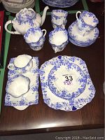 Overview of tea set components arranged on table