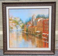 Full front view of the framed Mediterranean harbor scene painting showing composition and frame details