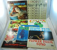 Seven vintage musical LP records displayed with covers visible, showing titles including Rhapsody in Blue, Porgy & Bess, Chorus Line, South Pacific, Can Can, State Fair and Flower Drum Song.