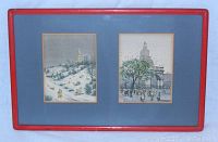 Framed piece showing two Japanese woodblock prints side by side under glass with a red wood frame and gray matting.