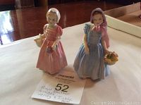 Two Royal Doulton figurines placed side by side on a white surface with a label showing lot number 52 and names Wendy and Tinkle Bell.