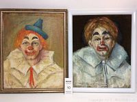 Pair of clown portraits side by side, one with blue hat and orange hair on a greenish background in a gold-toned frame, the other with an orange-haired clown on black velvet with a white frame.