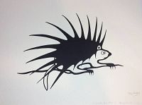 Full view of original 'Innocence 014' artwork by Jay Redbird showing black and white stylized lizard-like figure with elongated dorsal spines on white background.
