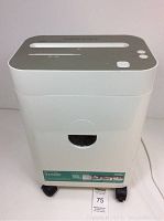 Front view of the Royal PX1000MX shredder showing white body, the slot on top and wheels on bottom