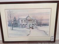 Full view of framed print showing winter house scene and some frame wear.