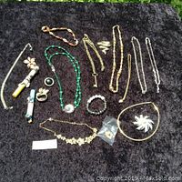 Photo showing the entire lot of assorted jewelry on a black cloth background including necklaces, bracelets, rings, brooch, and earrings.