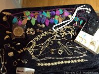 Photo showing assorted jewelry including necklaces, bracelets, earrings, small rings, and brooches on black cloth.