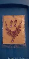 Purple floral design necklace set with matching earrings arranged on a yellow backing card inside plastic packaging