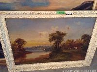 Full frontal view of framed painting showing composition and overall condition